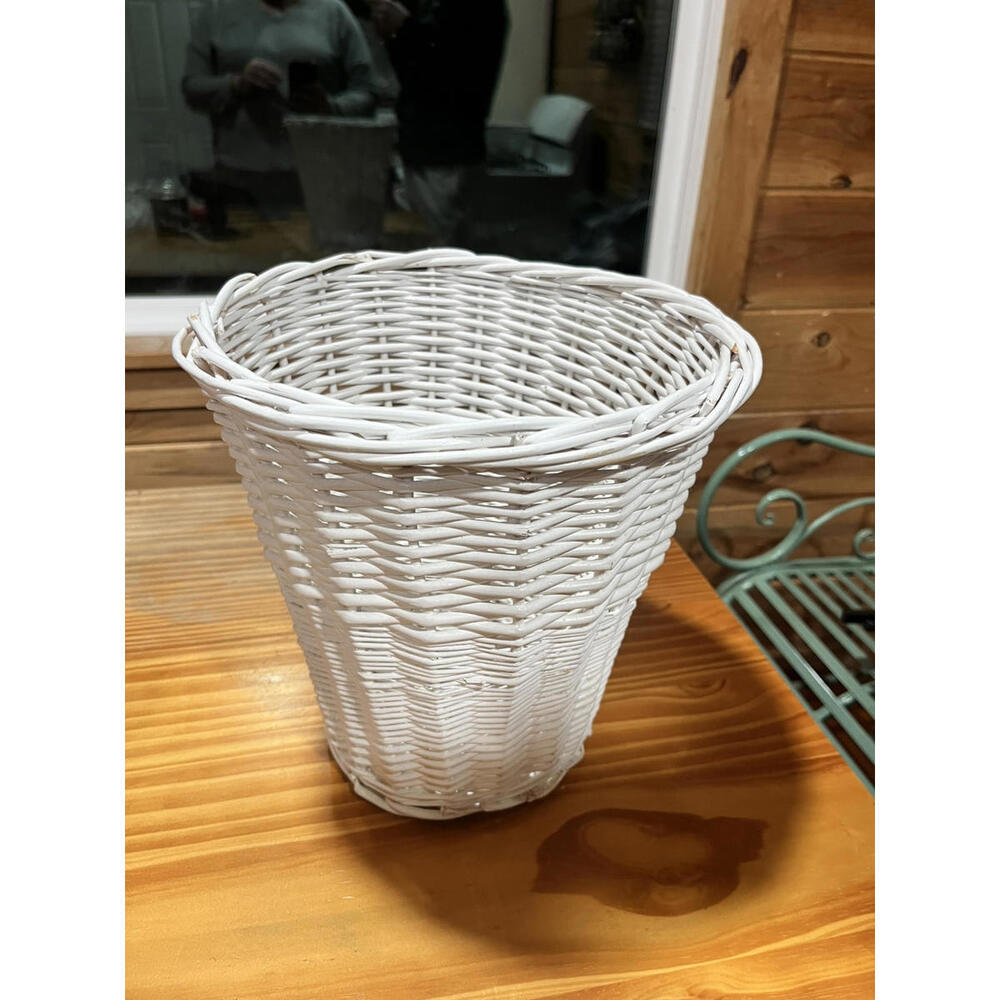 Vintage WHITE Boho Rattan Wicker 11" Waste Basket/Trash Can